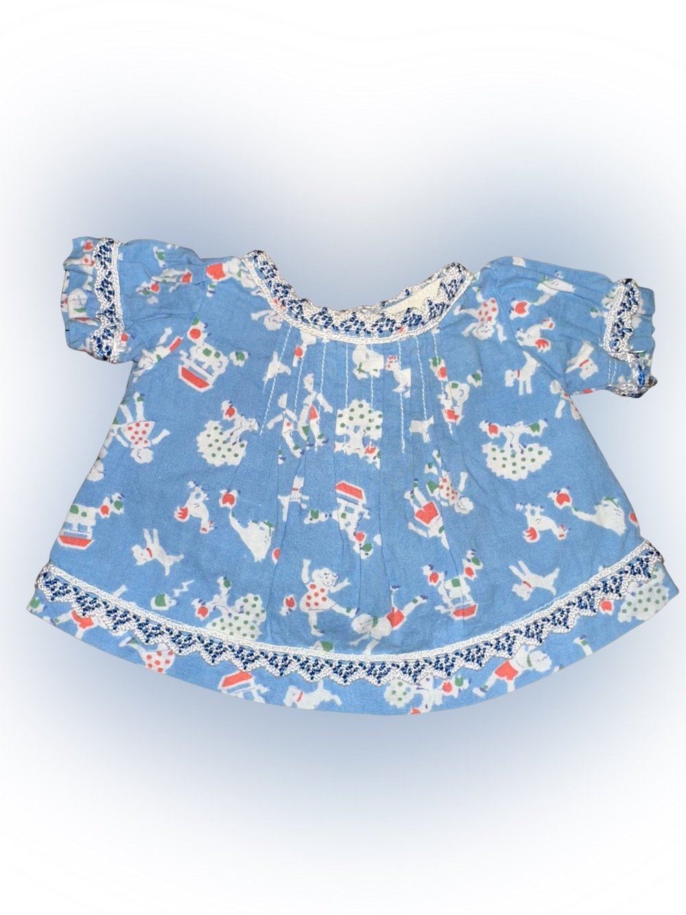 Vintage 70’s Blue w/ Kid Dog & Chicken Printed Doll Dress Stitch Work Detail